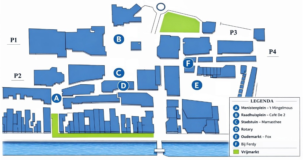 Plattegrond evenementen Stadskanaal met pleinen A t/m F, Vrijmarkt en parkeerzones P1–P4